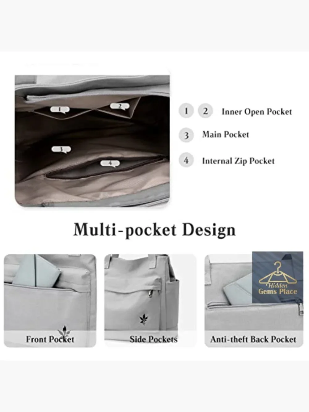 Canvas Tote Handbag with Multi-Pockets Lightweight Casual Everyday Essential